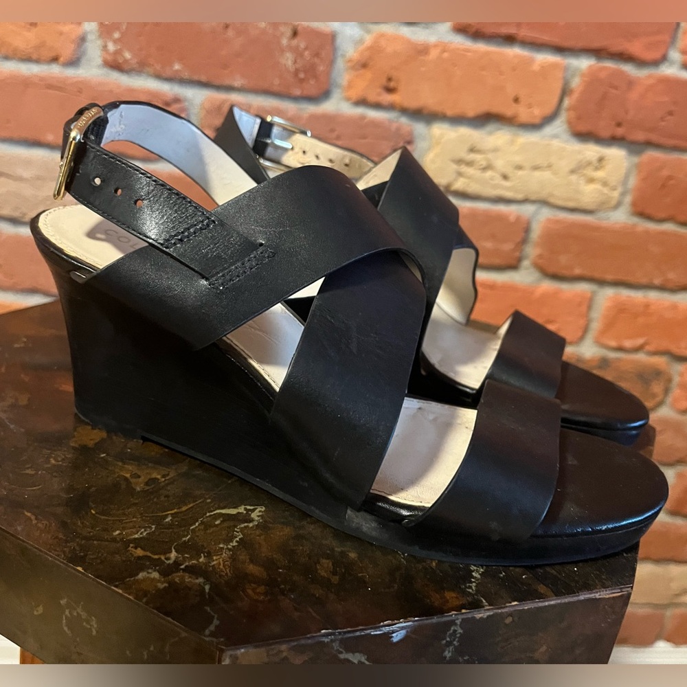 Cole Haan Black Leather Wedge Sandals 7